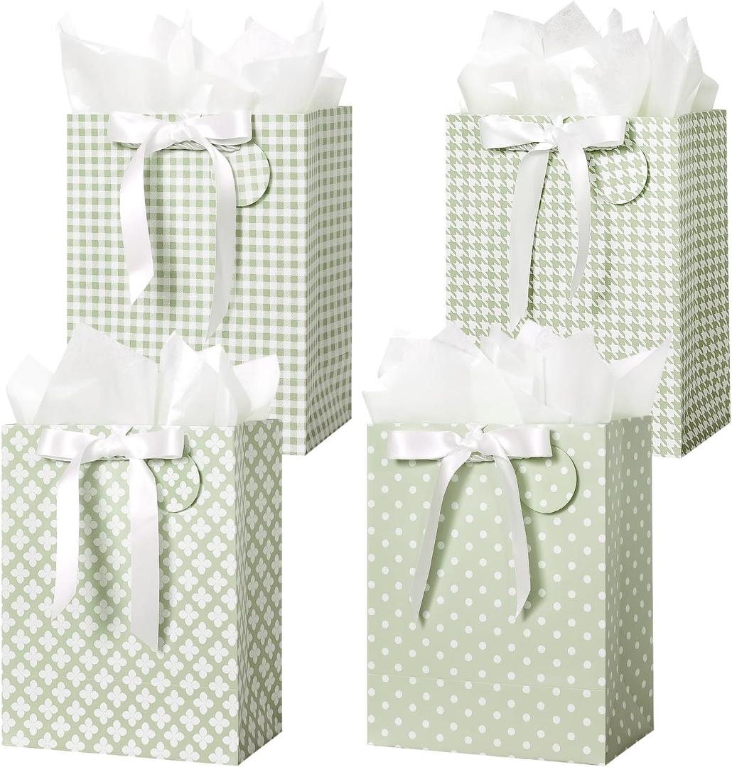 Crisky Sage Green Gift Bags Medium Size with Handles, Tissue Paper & Ribbon - 4 Pack 9"- Medium Gift Bags for Women Birthday Christmas Wedding Bridal Shower Graduation & New Year Gifts