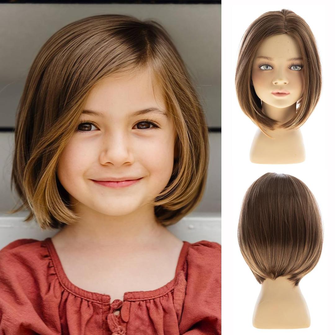 Short Wavy LightBrown Kids Wig Synthetic Girls Bob Wig Side Part Child Cosplay Costume Party Use