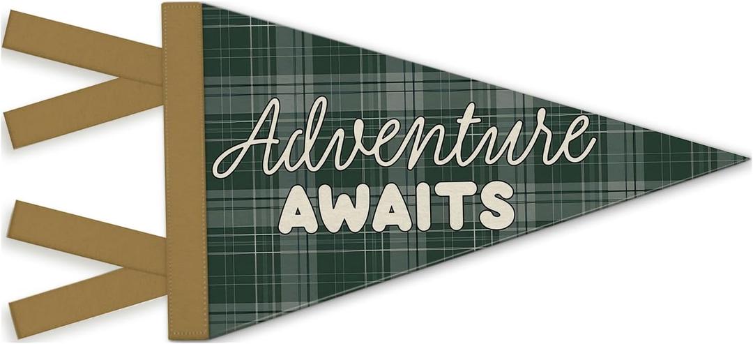 Adventure Nursery Decor, Adventure Awaits Pennant Felt Banners Flags, Retro Green Plaid Inspirational Wall Hanging Decor for Playroom Kids Boys Toddler Nursery Room Bedroom