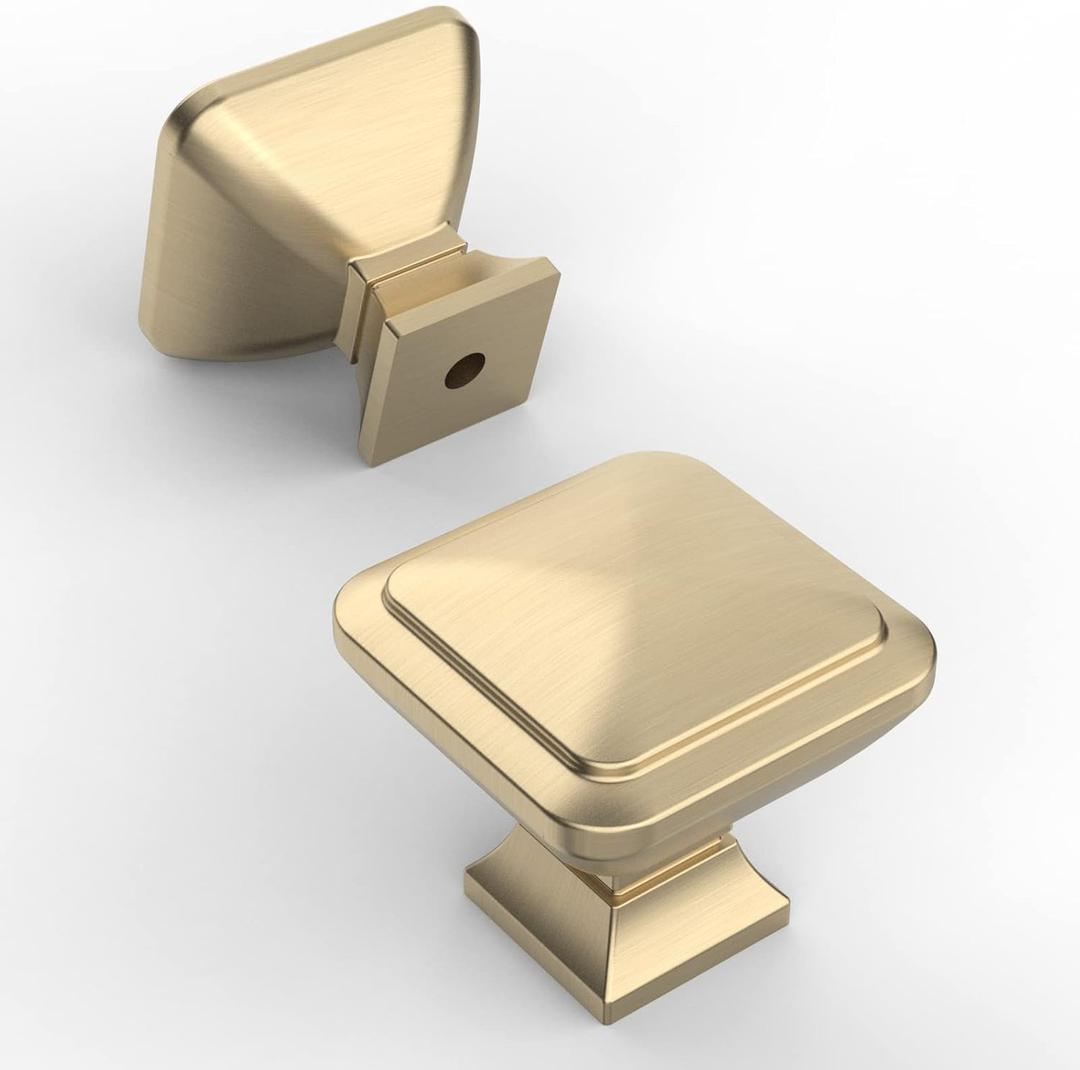 Amerdeco 10 Pack Brushed Brass Square Kitchen Cabinet Knobs Cabinet Hardware Single Hole Cabinet Pulls Gold Drawer Knobs and Pulls for Bathroom Cabinets ZH0019