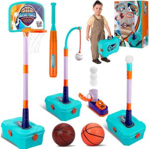 4 in 1 Toddler Basketball Hoop and T Ball Set Adjustable Kids Basketball Goal Baseball Tee with Pitching Machine Christmas Birthday Indoor Outdoor Sport Toy Games Gifts for Boys Girls Age 3-5