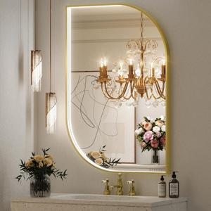 24X36 Inch LED Mirror for Bathroom with Lights,Gold Frame Lighted Irregular Asymmetrical Unique Vanity Wall Mirror,Anti-Fog,Dimmable