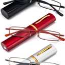 REAVEE 3 Pack Slim Pen Reading Glasses Small Tube Stylish Readers for Women Men Spring Hinged with Portable Clip Case, Black Red Silver 2.75