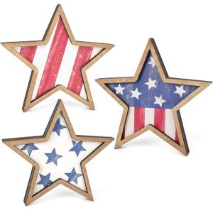 COCHIE 4th of July Decorations Wooden Stars, Patriotic Memorial Day Star Tiered Tray Decor Set of 3, Fourth of July Red White Blue Decoration for Home Office Table Shelf (Flag Retro)