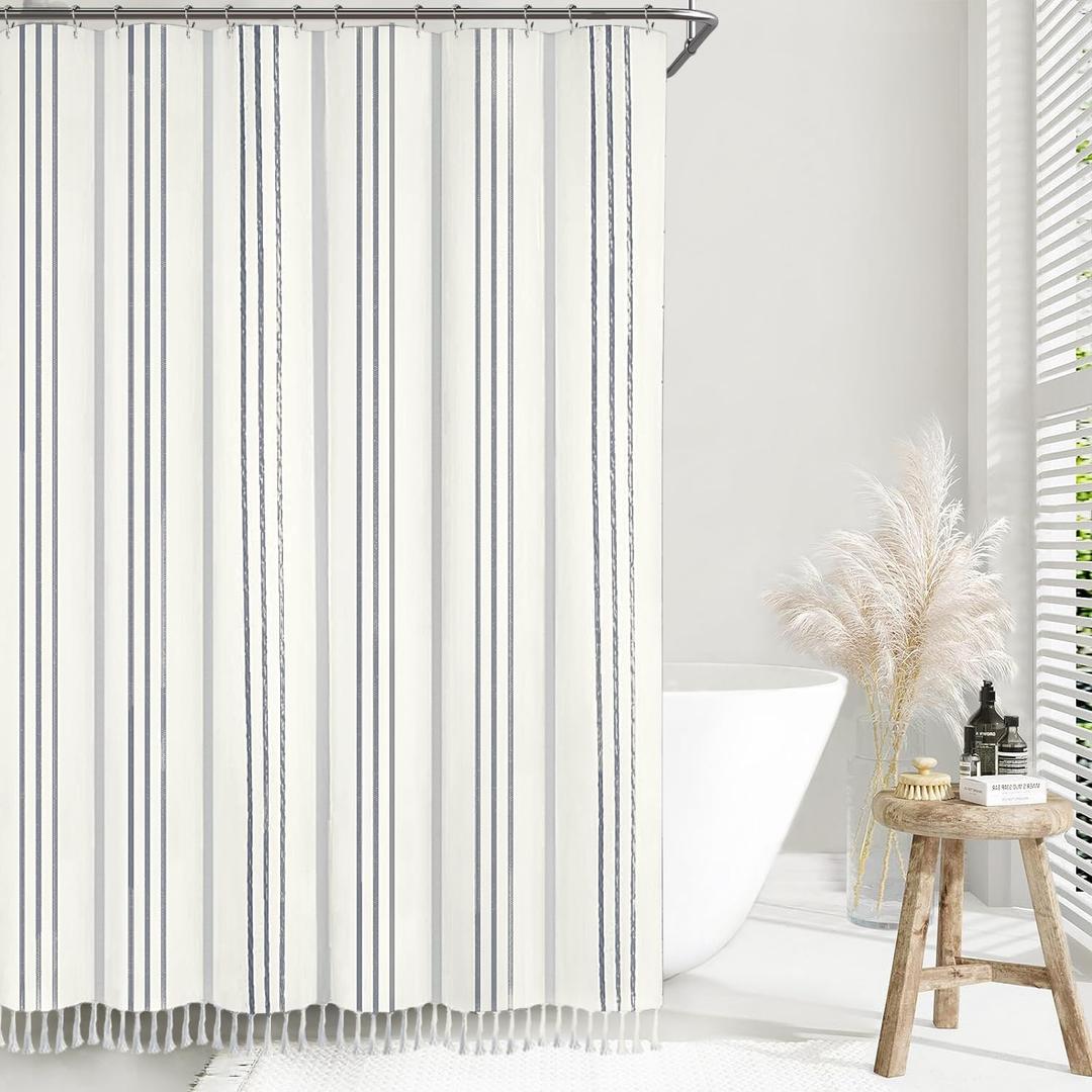 Awellife Extra Long Farmhouse Grey Shower Curtain for Bathroom Gray Striped White Cotton Touch Cloth Striped Boho 84 inch Shower Curtain for Bathroom