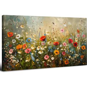 Colorful Floral Wall Art Farmhouse Botanical Wall Decor Nature Daisy Poppy Wildflower Picture for Living Room Rustic Meadow Flower Bouquet Prints Watercolor Artwork Bedroom Bathroom Decoration 20x40"