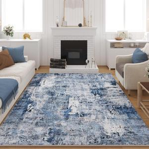 Rugcomf Large Living Room Rug 8x10 Washable Vintage Abstract, Blue