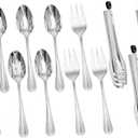 KINGSTONE 16 Piece Teardrop Serving Utensils Set, 18/10 Stainless Steel Serving Utensils, Slotted Spoons, Forks, Tongs, Cake Server, Butter Knife for Buffet, Catering, Wedding, Party (Silver)
