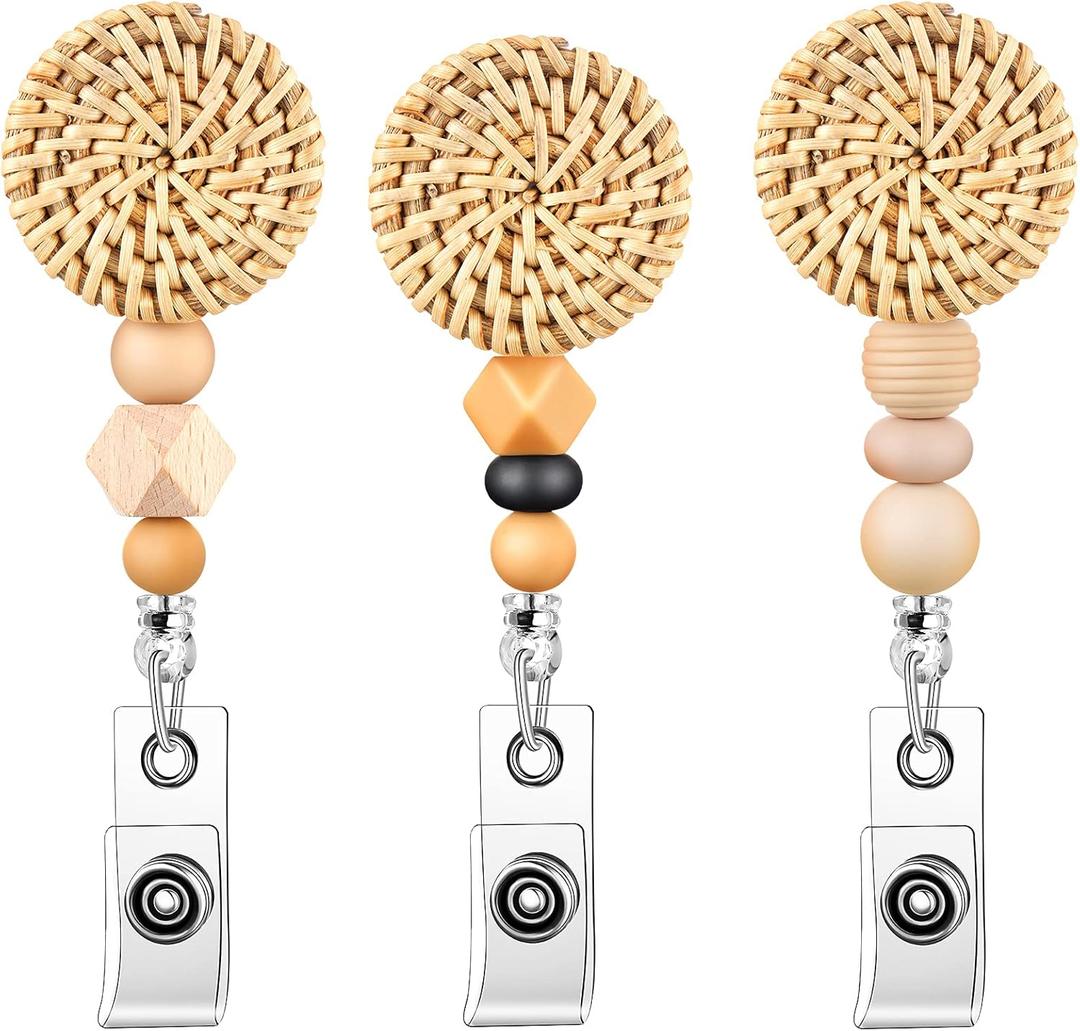 3 Pieces Boho Badge Reel ID Rattan Badge Reels ID Badge Reel Cute Retractable Nurse Badge Holder Christmas Gift Wood Bead Nature Name Badge Holder for Worker Nursing Supplies