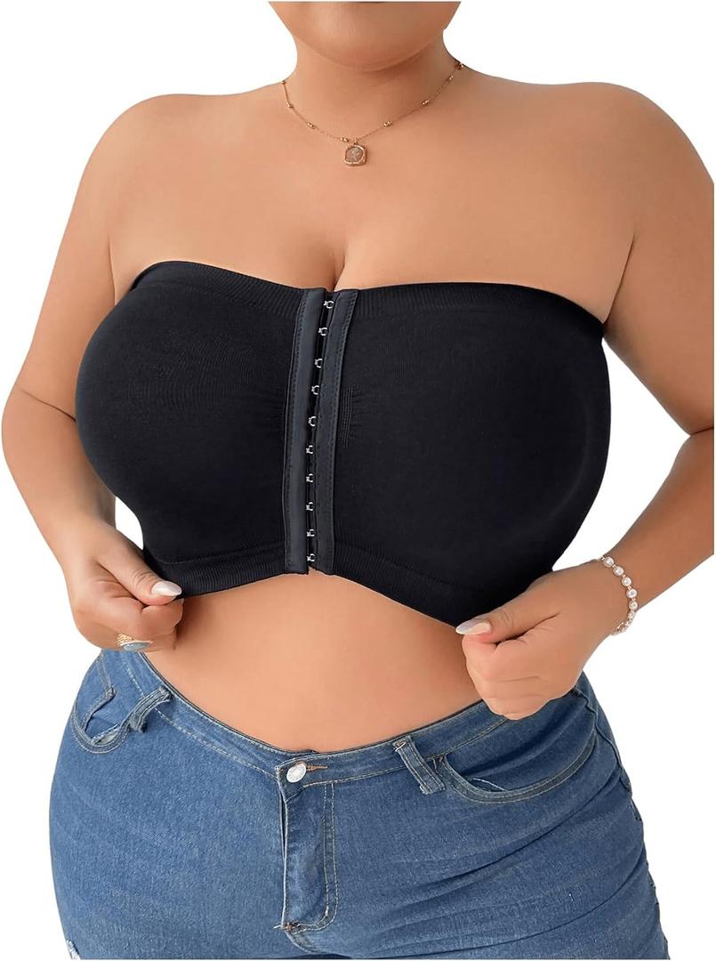 WDIRARA Women's Plus Size Strapless Front Closure Bandeau Bra Seamless Wireless Bralette Tube Top (Black, XXXL)