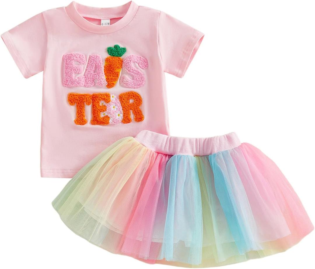 Amnnchya Toddler Girl Easter Outfit Carrot Short Sleeve Kids Baby Tee Shirt Tops Tutu Dress Little Girls Summer Skirt Set (Pink, 3-4T)