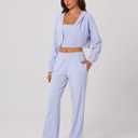 ABOCIW Womens 3 Piece Outfits Brushed Jersey Long Sleeve Hooded Cropped Shrug Bandeau Top Wide Leg Sweatpants Tracksuit