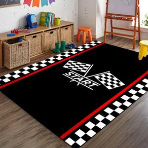 Racing Car Kids Play Rugs, 3x4ft, Race Track Checkerboard Flag Rug for Living Room, Non-Shedding Easy Clean Pet Friendly Carpet, Cozy Low Pile No Crease Carpets for Bedroom Bedside