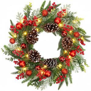 24 Inch Christmas Wreath for Front Door with Lights Snowy Winter Wreath Red Balls Pine Needles Pinecones Red Berries for Wall Window Holiday Party Xmas Decor