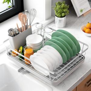 Kitsure Dish Drying Rack- Space-Saving Dish Rack, Dish Racks for Kitchen Counter, Kitchen Drying Rack with a Cutlery Holder, 12''W x 15''L, Grey