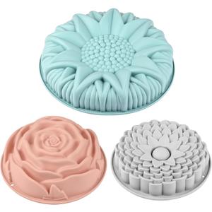 Sakolla 3 Pack Flower Shape Silicone Cake Molds, Large Round Silicone Molds for Baking Cake, Breads, Pies, Tarts (Rose, Chrysanthemum, Sunflower)