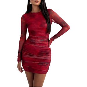 Milumia Women's Tie Dye Ruched Round Neck Long Sleeve Dress Bodycon Mini Dresses (X-Large, Red Multi)