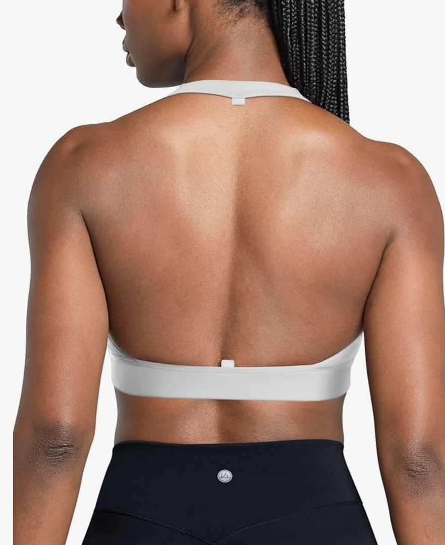 QUEENIEKE Halter Neck Sports Bra for Women, Yoga Crop Top with Removable Pads, Open Back V Neck Bra for Gym Workout Light Support XL