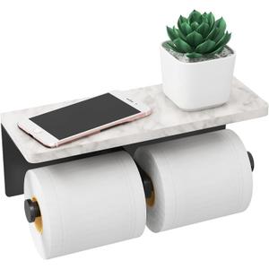 Gypie Toilet Paper Holder with Shelf, New Upgrade Double Toilet Paper Holder with Storage, Marble Roll Toilet Paper Wall Mount for Bathroom Washroom(Black)