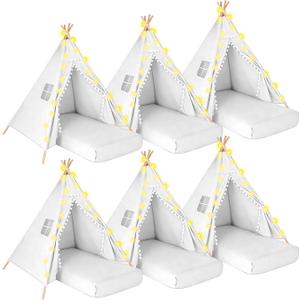 6 Pack Teepee Tent for Kids Sleepover Tent with 6 Air Mattresses (64"x28"), Star Lights, Eye Masks, Banners, Kids Teepee Tents for Boys Girls Indoor Outdoor Party Birthday Glamping (White), 64" x 28" x 8.7"