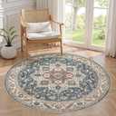 5ft Round Vintage Living Room Area Rug - 5x5 Large Soft Washable Oriental Traditional Distressed Farmhouse Rugs for Bedroom - Indoor Floor Accent Carpet for Home Office House Decor - Vintage Blue