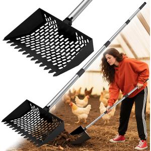 Chicken Poop Scooper & Rake 2-in-1, 4 in 1 Stainless Steel Handle Chicken Coop Pooper Shovel (23 to 62"), Suitable for Animal Sheds, Garbage Shovel with Adjustable Angle, Scooper Sand Sifting Shovel