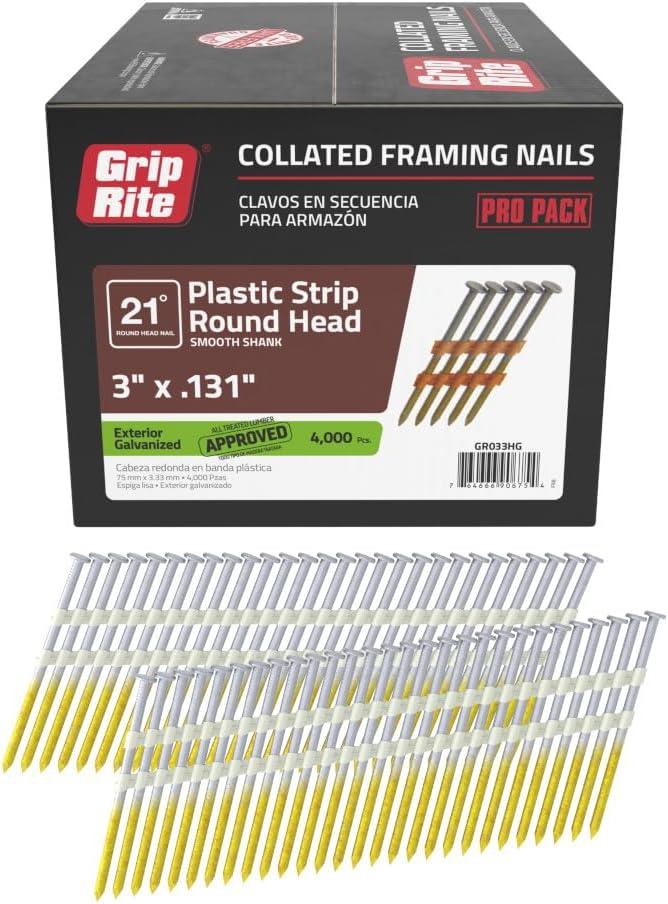Grip-Rite 21 Degree Framing Nails - Exterior Galvanized Nails for Wood-To-Wood Framing Projects - Plastic Strip Collated Fastener - Round Head - Smooth Shank - 3" x .131" - 4000 Count - GR033HG