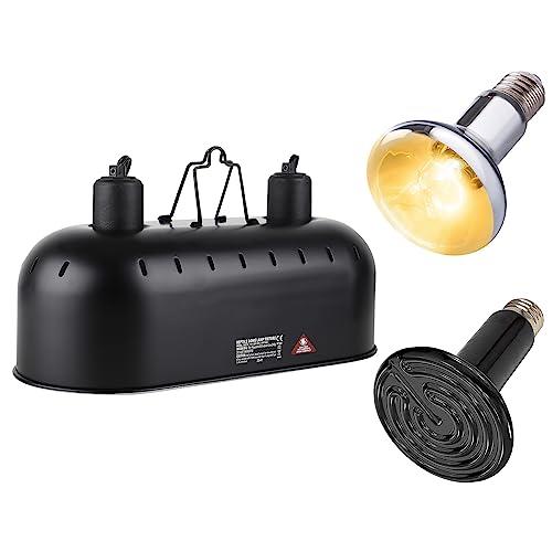 DXOPHIEX 15 inch Dual Reptile Light Fixture, Max 150W Dual Reptile Heat Lamp Fixture with 100W UVA UVB Sun Light & Ceramic Heat Emitter,Double Dome Lamp for Terrarium and Tortoise Habitat