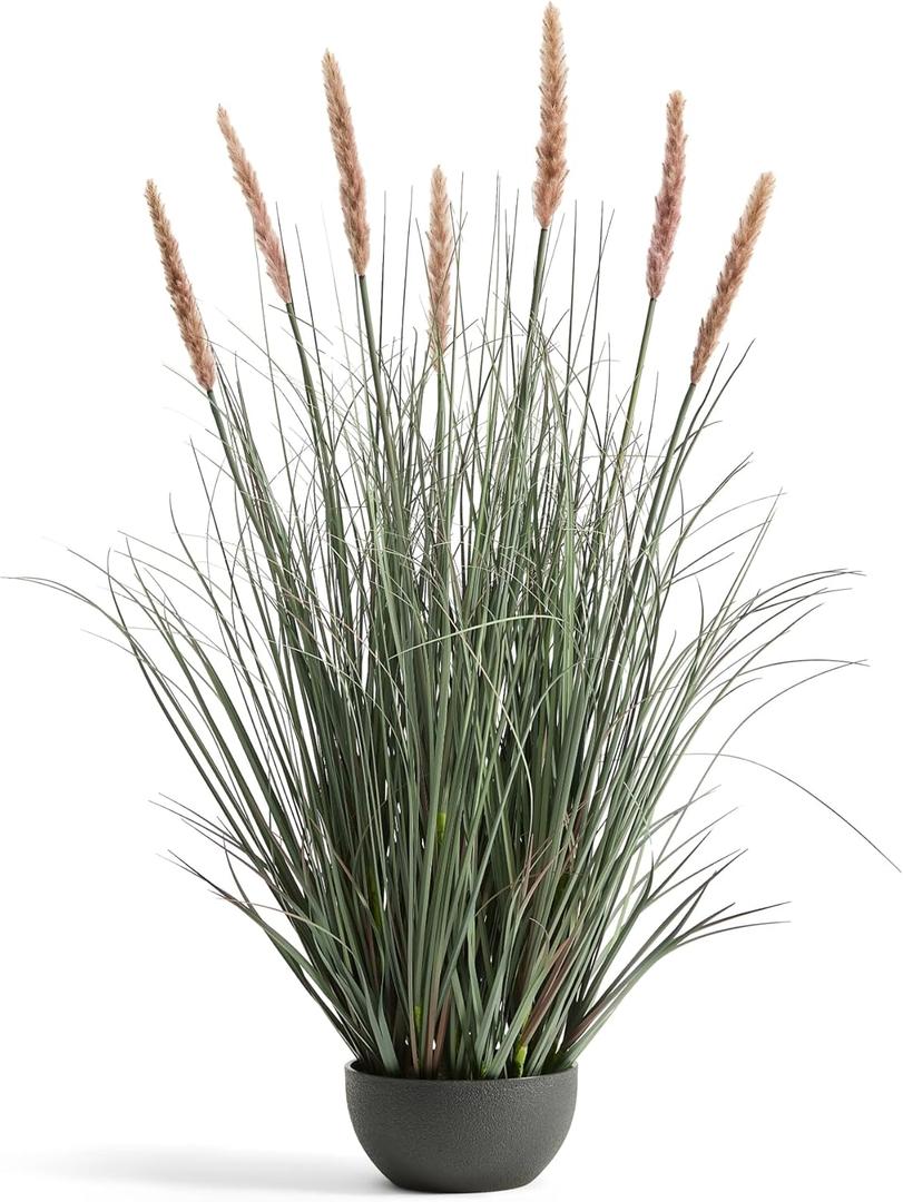 3ft Onion Grass, Artificial Plant and Greenery, Fake Floor Plants Indoor Outdoor, Faux Horsetail Reed Grass with 7 Pink Flower Crowns, Potted, House Decorative