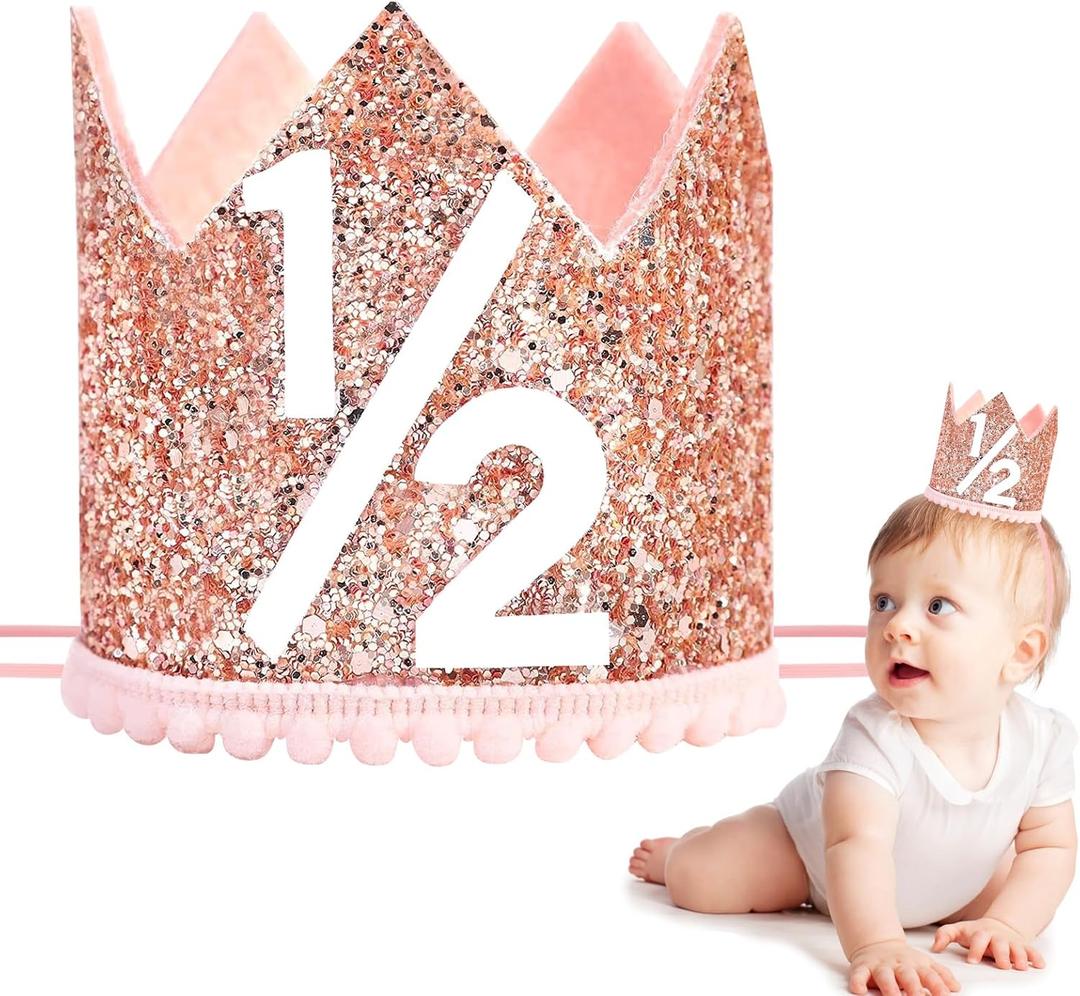 1/2 Birthday Girl Crown - Pink & Rose Gold Adjustable Baby Girl Half Birthday Hat for 6-12 Months, Soft Photo Props for Half Year Celebration, Party Decorations