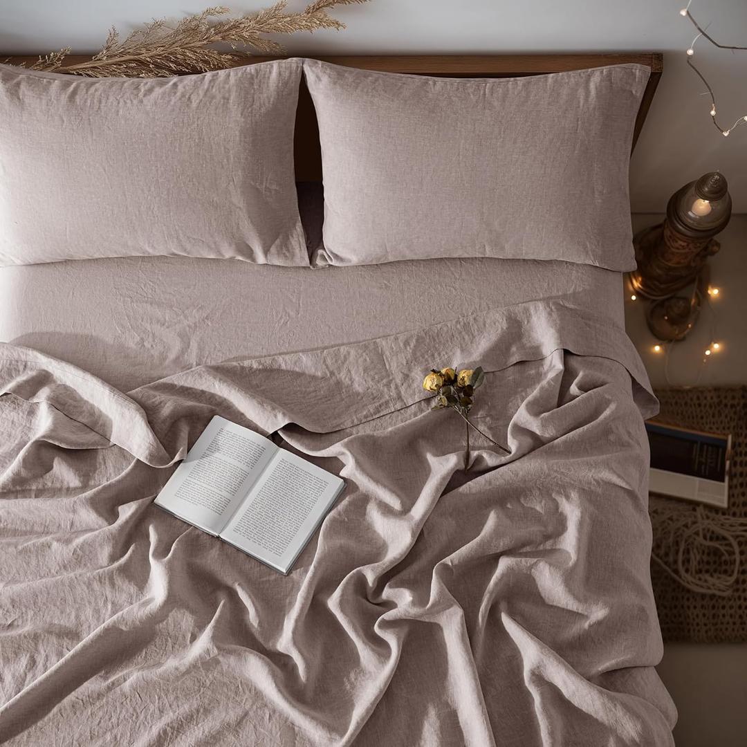 LBRO2M 100% Pure Linen Sheet Set Deep Pocket Up to 16" Bed Sheets Sets, Natural Flax Beddings Soft, Breathable, Comfortable for All Seasons 4 Pcs Sheet Set King Size, Mauve Desert