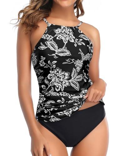 Tempt Me White Floral Two Piece Tankini Set Tummy Control Swimsuit for Women High Neck Top with Bottom Bathing Suits Ruched Swimwear XL