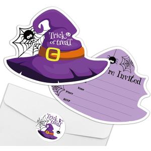 REWIDPARTY 15 Sets Halloween Invitations with Envelopes Stickers, Witch Hat Shaped Fill-in Invitation Cards, Trick or Treat Party Invites, Funny Halloween Birthday Party Supplies for Family Friend
