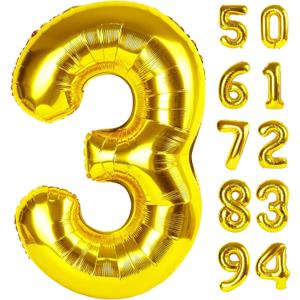 Gold 3 Balloon, Number Balloon 40 Inch, 3rd Three Year Old Birthday Deco, Gold Party Supplies for Party Decorations, Number 3 Balloon