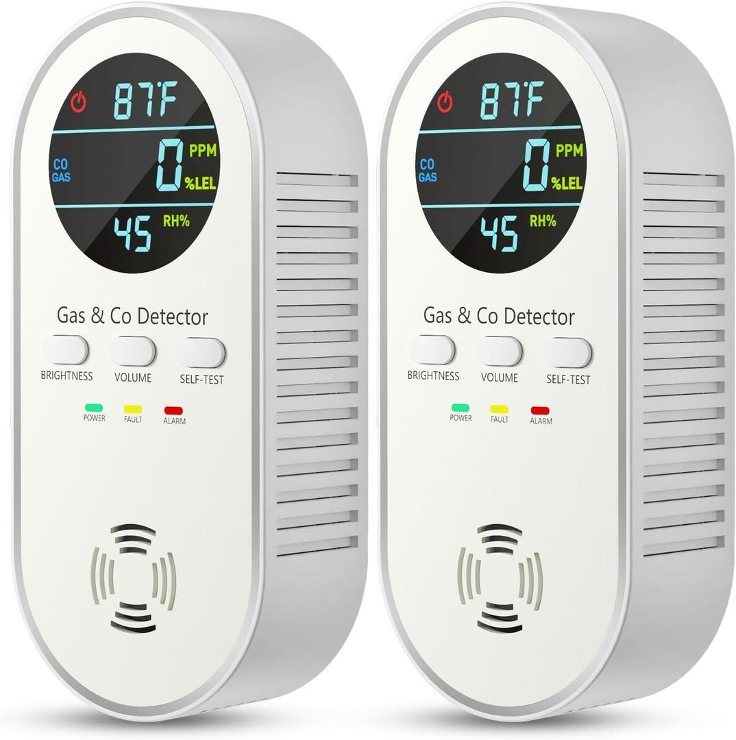 Carbon Monoxide Detectors - Natural Gas Leak Detector - 5-in-1 Carbon Monoxide Detectors Plug in - CO Detector Battery Backup with Brightness & Volume Adjustment for Home/RV/Travel/Camping (2 Packs)