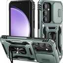 Pack of 3, WRJ for Samsung Galaxy S25/Galaxy S24 Case with Slide Camera Cover and Screen Protector, Military Grade Protection [Rotated Ring Kickstand] Heavy Duty Shockproof Protective Cover-Green