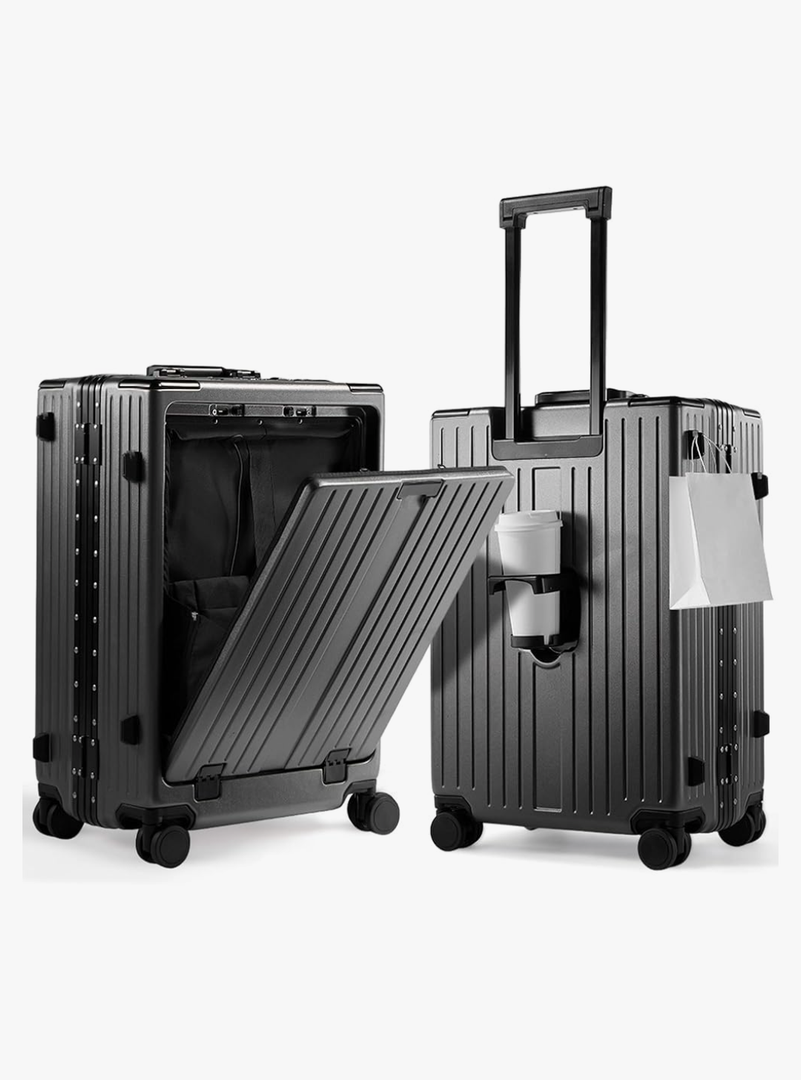 UrbanExplorer 24 Inch Check-In Aluminum Frame Luggage, ABS+PC Hard Shell Suitcases with Spinner Wheels TSA Approved Checked Luggage, Zipperless Suitcases with Cup Holder, Gray