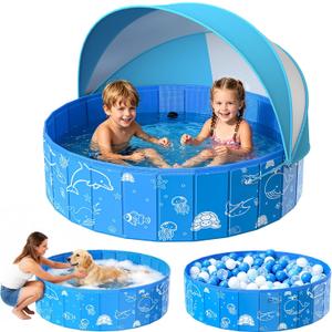 Kiddie Pool with Canopy, 48" Foldable Kids Baby Pool for Toddlers, Portable Small Swimming Pool Hard Plastic with Shade & Carry Bag for Beach Backyard Water Play