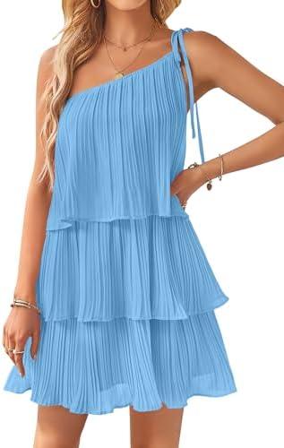 ZESICA Women's Boho Summer One Shoulder Sleeveless Ruffle Tiered Layered Chiffon Pleated A Line Flowy Mini Dress, Small