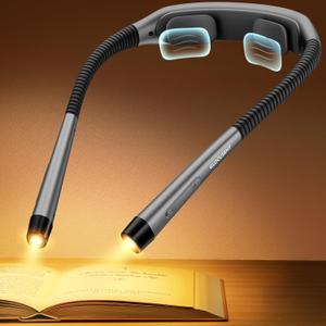 Glocusent Ergonomic Reading Lights for Books in Bed, 1600mAh Rechargeable Book Light, 100 Hrs - 3 Colors & 5 Brightness, Neck Light with Timers, Sleep Aid & Travel Lock (Gray)