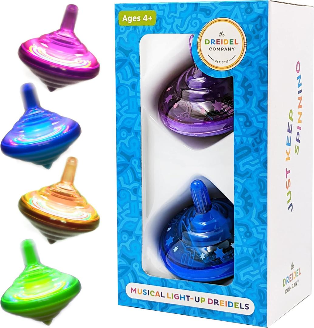 The Dreidel Company Hanukkah Musical Light-Up Dreidel Spinning Tops Set, Plays 2 Classic Hanukkah Songs, Assorted Colors (2-Pack)