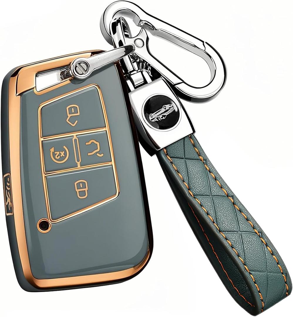 Montague Key Fob Cover for Volkswagen with Keychain, Premium TPU Key Case Compatible with VW Tiguan Atlas Taos SEL Jetta GLI Passat Arteon Remote Start Protector5 Buttons Gray