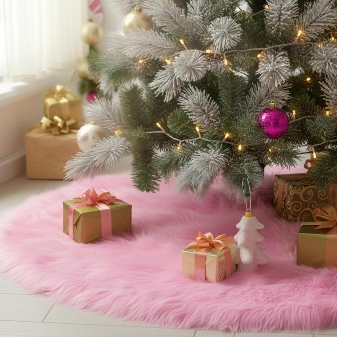 CHICHIC 48 inch Christmas Tree Skirt Faux Fur Xmas Tree Skirt Christmas Decorations Holiday Tree Ornaments Tree Decoration for Christmas Home Decorations, Xmas Party Holiday Decorations, Pink