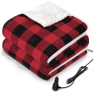 Sealy 12-Volt Heated Car Blanket with 2 Output USB Ports, 3 Heating Levels & 4 Hours Auto Off, Electric Blanket for Car Truck, SUV, RV or Camping, Machine Washable, 59" X 43", Plaid