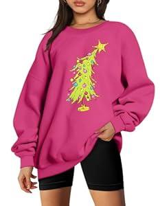 UNIQUEONE Christmas Sweaters For Women 2024: Oversized Christmas Tree Sweatshirt Merry Christmas Sweater Xmas Pullover Top Rose Red Small