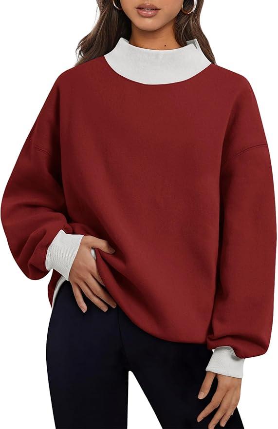 Women's Oversized Sweatshirts Color Block Turtleneck Fleece Pullover Tops Long Sleeve Loose Fall Fashion Outfits, M