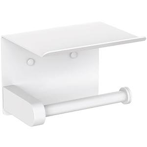 VAEHOLD Self Adhesive Toilet Paper Holder with Phone Shelf Stainless Steel Wall Mounted Toilet Paper Roll Holder - Bathroom Washroom Tissue Roll Holder with Storage Shelf - White