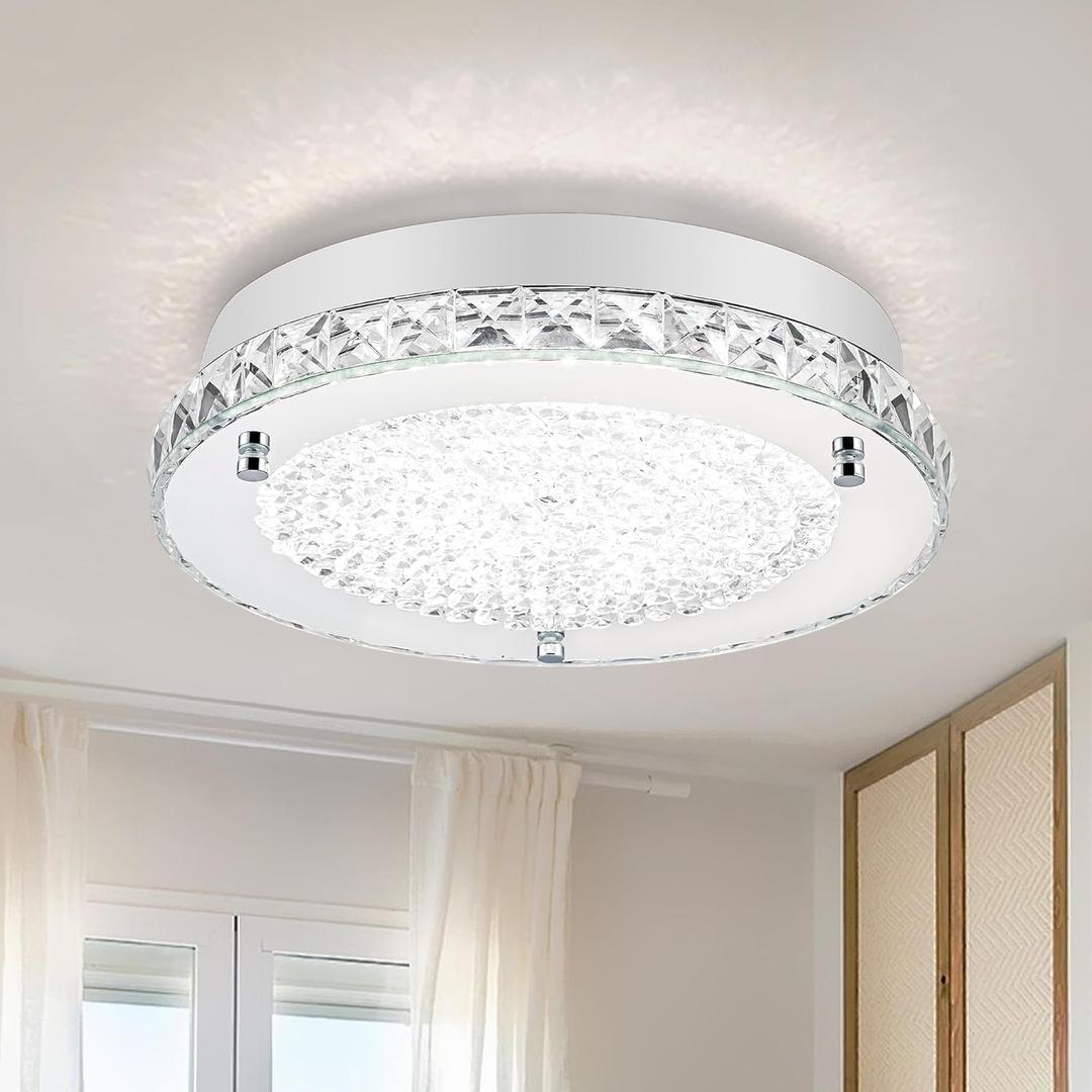 Modern Crystal Ceiling Light, Flush Mount LED Hallway Light, Bathroom Lighting Fxiture for Foyer, Bedroom, Closet, Dimmable, 11 Inch, 18W (4000K)