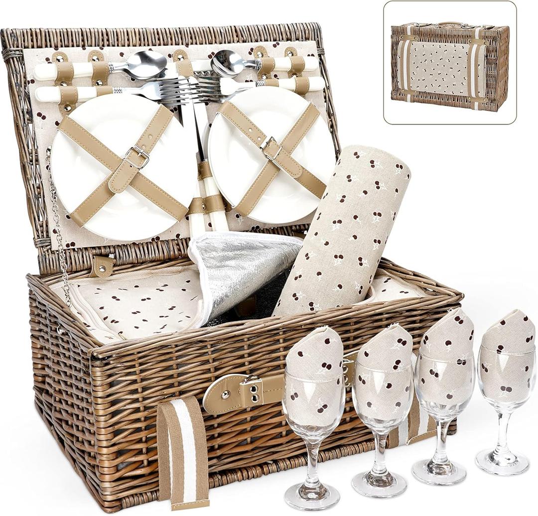 Willow Picnic Basket Set for 4 Persons with Large Insulated Cooler Bag and Waterproof Picnic Blanket,Wicker Picnic Hamper for Camping,Outdoor,Valentine Day,Chirtmas,Thanks Giving,Birthday. (16x12x7.5inch, Beige Flower)