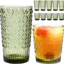 Green Drinking Glasses Set of 12, 14 Oz Highball & 10 Oz Cocktail Glasses, Green Kitchen Vintage Glassware Set, Floral Embossed Glass Tumbler Cups for Coffee, Beer, Water, Whiskey, Juice